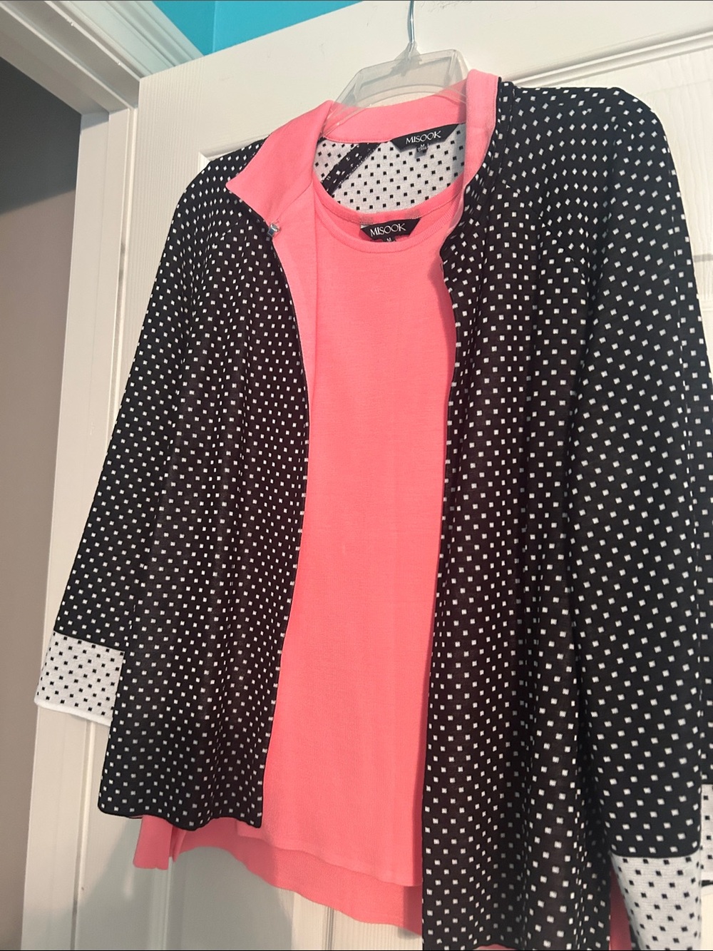 Misook Black & White Polka Dot Cardigan with Coral Pink Shell